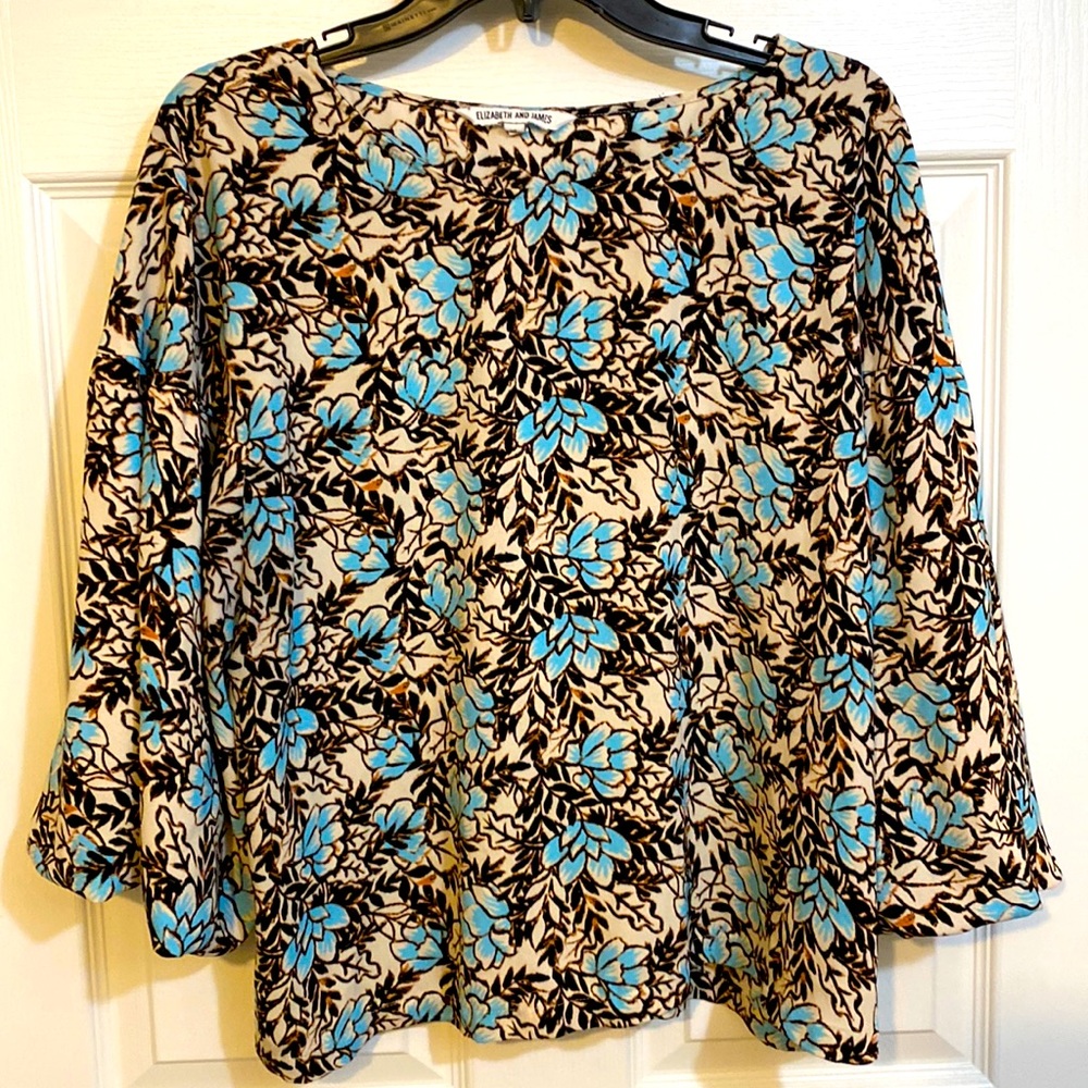 Elizabeth And James Floral Brown Blue Blouse Women’s Size XL Balloon 3/4 Sleeves